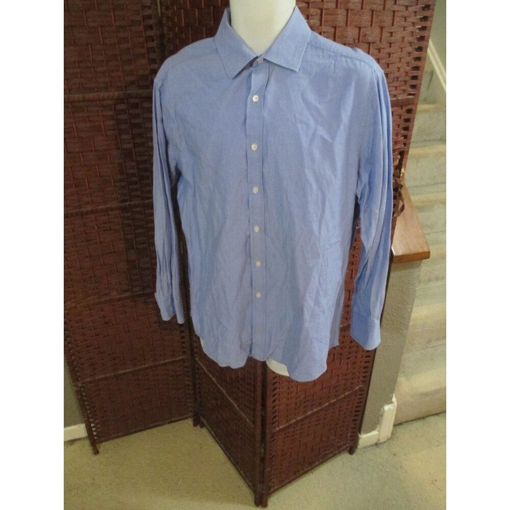 Mens Michael Kors Button Up Dress Shirt Size 17 32/33 Blue Thin Stripes